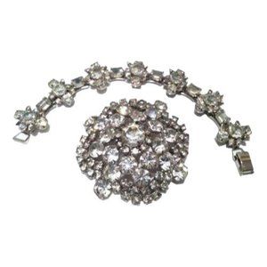 Old Glamour Jewelry Set Ice Diamond Rhinestones Link Bracelet and Brooch Set
